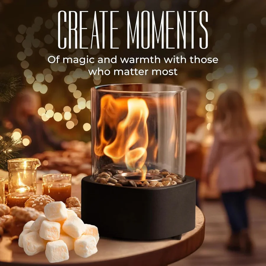 Tabletop Ethanol Fireplace with Glass Enclosure and Metal Base, 11.8in Height