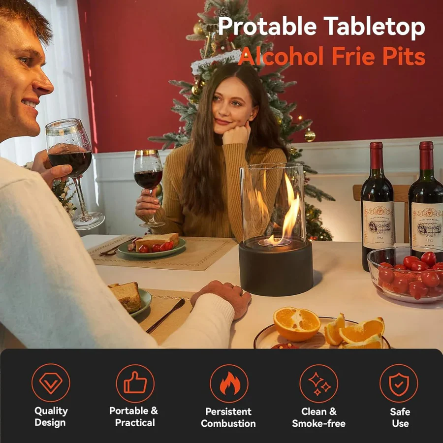 Tabletop Ethanol Fireplace with Glass Enclosure and Metal Base, 11.8in Height