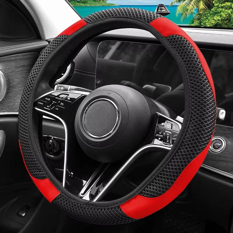 Non Inner Ring Ice Silk Mesh and PU Leather Steering Wheel Cover, Breathable Sweat Absorbing Universal Anti Slip Handle Protector for Cars, SUVs & Trucks