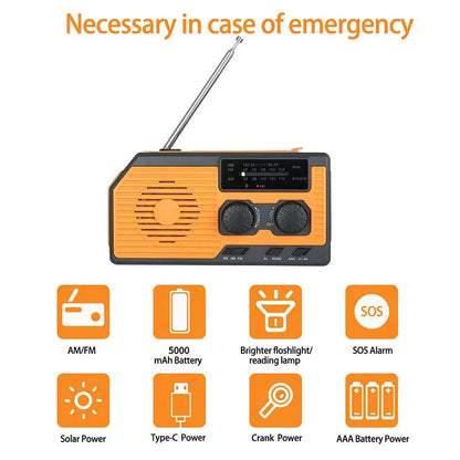 Emergency Radio with Solar Panel and Hand Crank, 5000mAh Power Bank