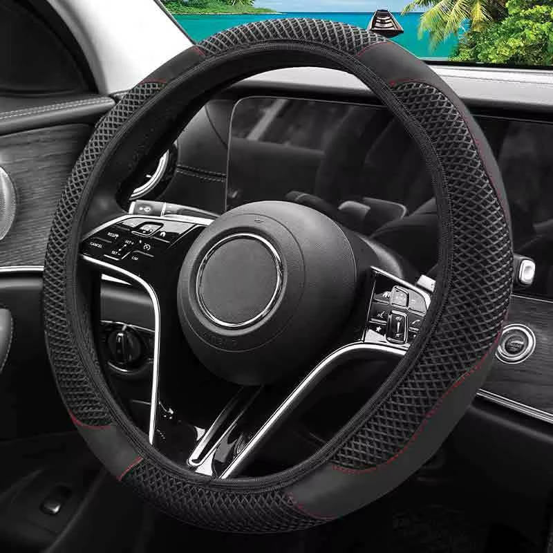Non Inner Ring Ice Silk Mesh and PU Leather Steering Wheel Cover, Breathable Sweat Absorbing Universal Anti Slip Handle Protector for Cars, SUVs & Trucks