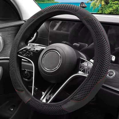 Non Inner Ring Ice Silk Mesh and PU Leather Steering Wheel Cover, Breathable Sweat Absorbing Universal Anti Slip Handle Protector for Cars, SUVs & Trucks