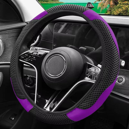 Non Inner Ring Ice Silk Mesh and PU Leather Steering Wheel Cover, Breathable Sweat Absorbing Universal Anti Slip Handle Protector for Cars, SUVs & Trucks
