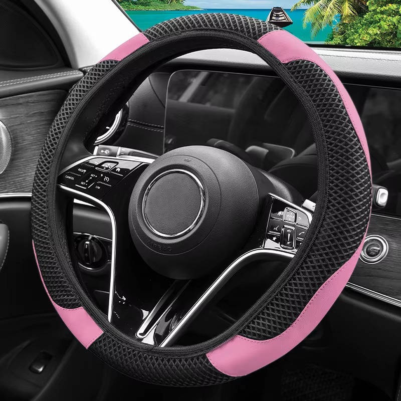 Non Inner Ring Ice Silk Mesh and PU Leather Steering Wheel Cover, Breathable Sweat Absorbing Universal Anti Slip Handle Protector for Cars, SUVs & Trucks