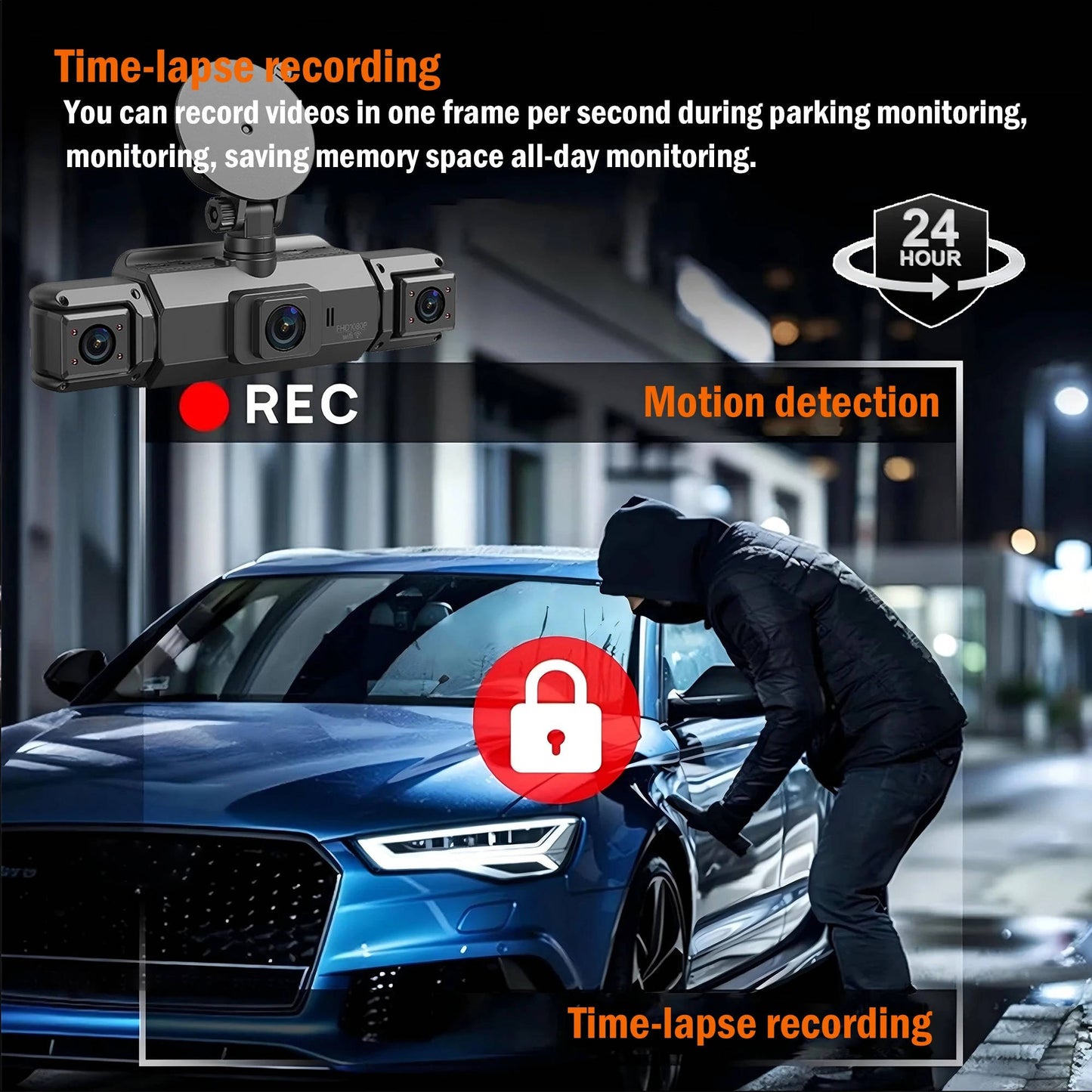 Four Camera Dash Cam with Infrared Night Vision and Wireless App Control