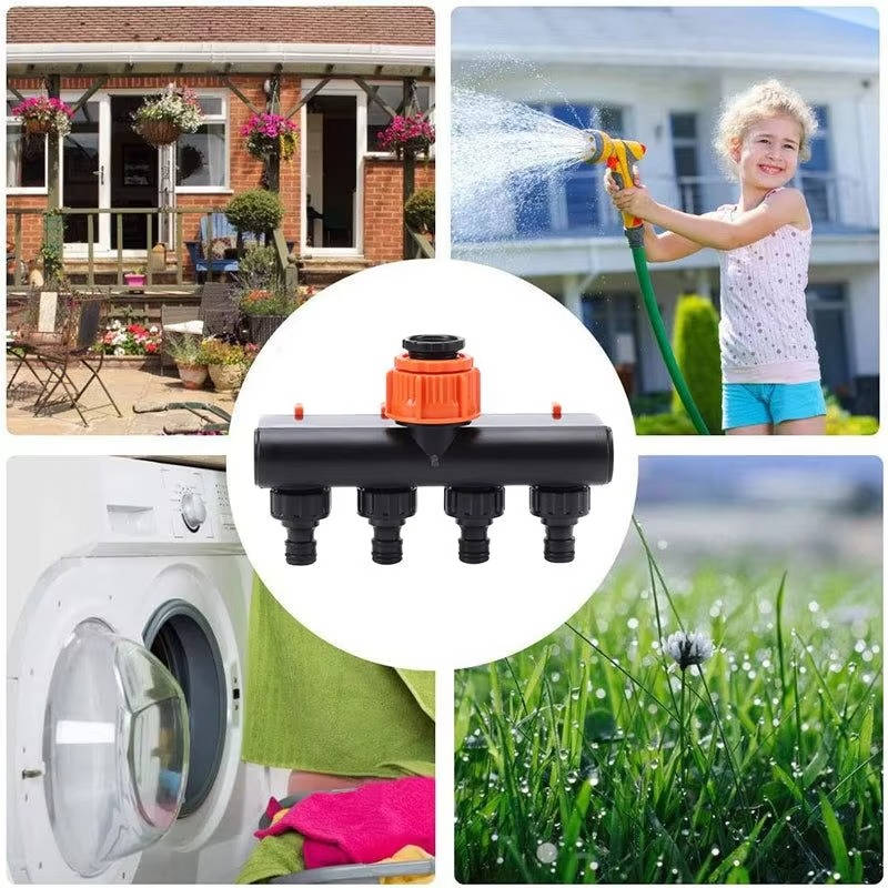 Four-Outlet Garden Hose Splitter with Individual Valve Controls and Quick-Connect Fittings