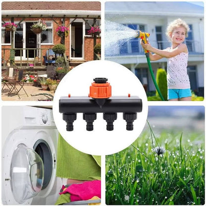 Four-Outlet Garden Hose Splitter with Individual Valve Controls and Quick-Connect Fittings