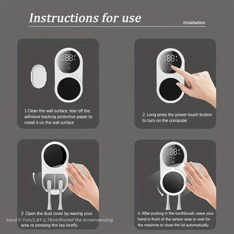Wall Mount Toothbrush Sterilizer with Touchless Sensor and Automatic Air Dry, Multi-Compartment for Electric and Manual Brushes