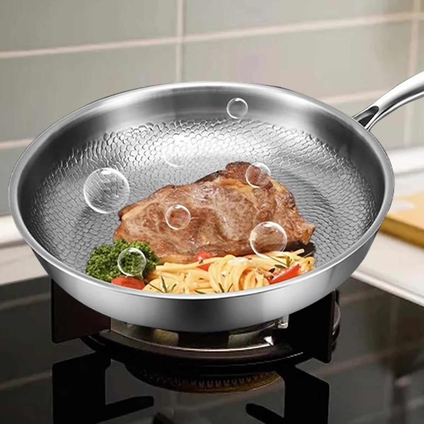 Titanium Steel Cooking Pan with Fish Scale Texture and Thick Bottom, Multi-Stove Compatible