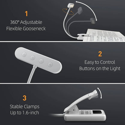 Clip On Book Light with 19 LED Beads and 3 Color Temperatures, 360 Degree Neck