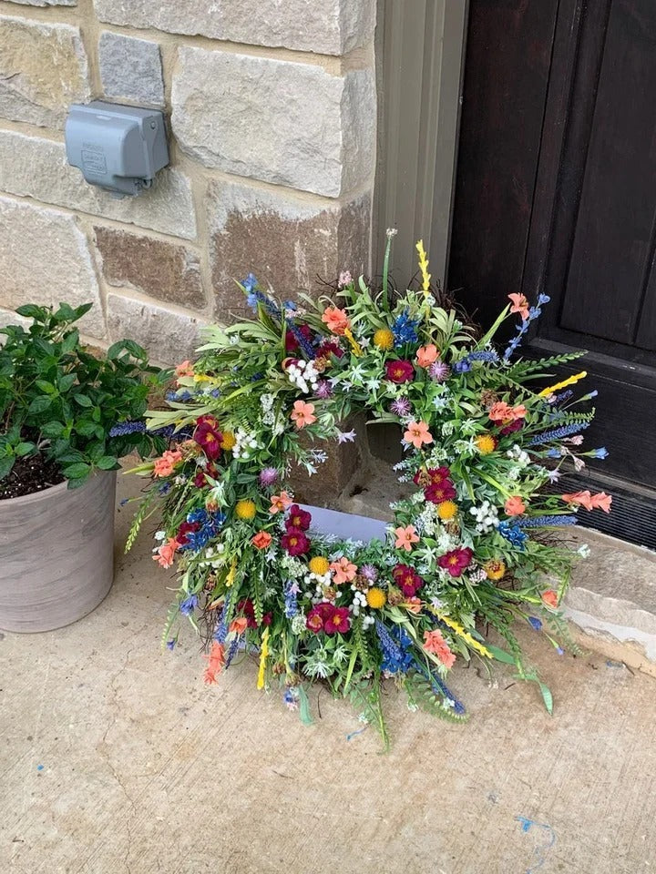 Silk Wildflower Wreath with Eucalyptus and Grapevine Base, 16-22 inches