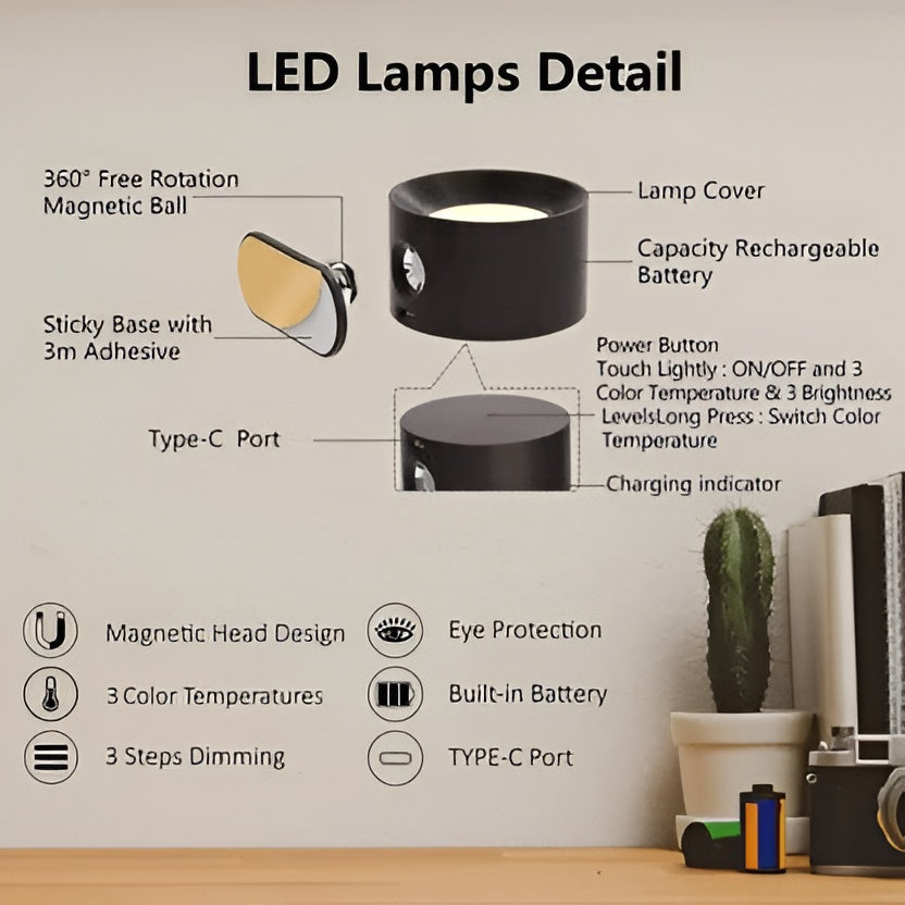 Adjustable Wall Light with Magnetic Rotation and Dimmable LED, 3 Color Temperatures
