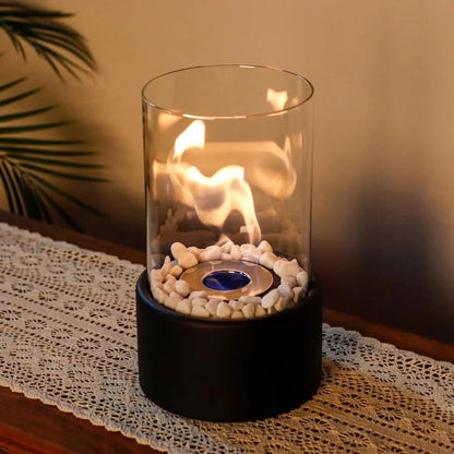 Tabletop Ethanol Fireplace with Glass Enclosure and Metal Base, 11.8in Height