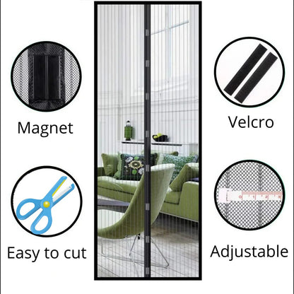 Door Screen with Automatic Magnetic Closure and Adjustable Fit, Insect Protection