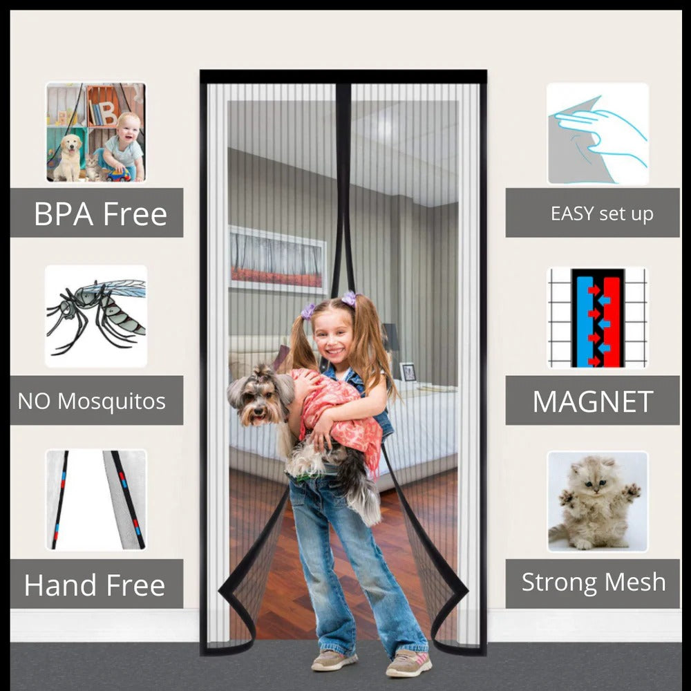 Door Screen with Automatic Magnetic Closure and Adjustable Fit, Insect Protection