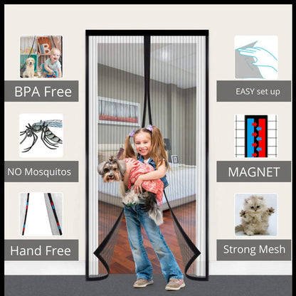 Door Screen with Automatic Magnetic Closure and Adjustable Fit, Insect Protection