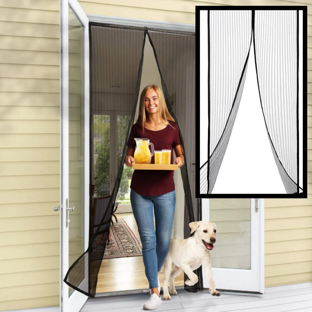 Door Screen with Automatic Magnetic Closure and Adjustable Fit, Insect Protection