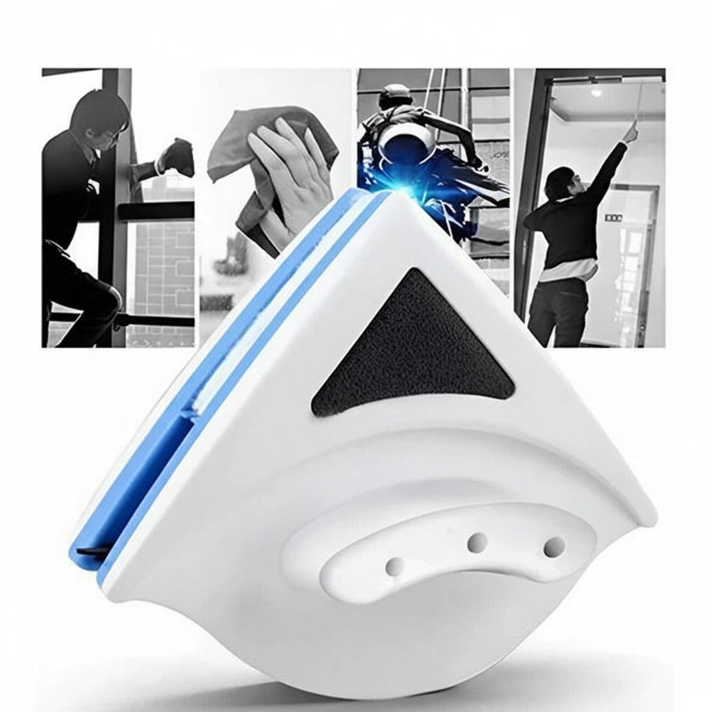 Double-Sided Window Cleaner with Magnetic Coupling and Safety Cord for Double-Glazed Glass