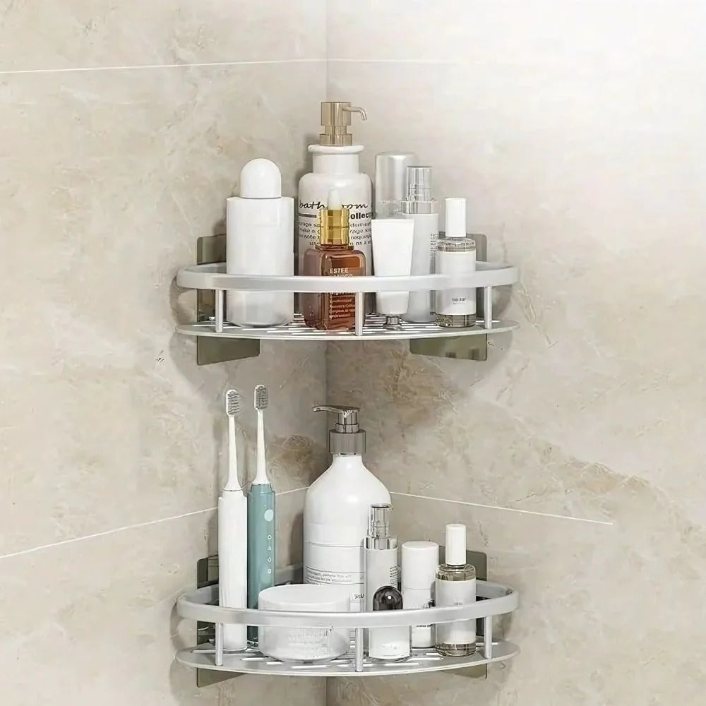 Aluminum Shower Caddy with Adhesive Mount and Removable Hook, Open Drainage