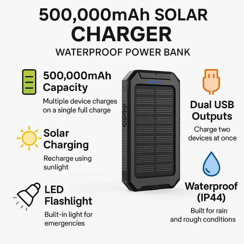 Solar Power Bank with Dual USB Charging and LED Flashlight, 500000mAh Capacity