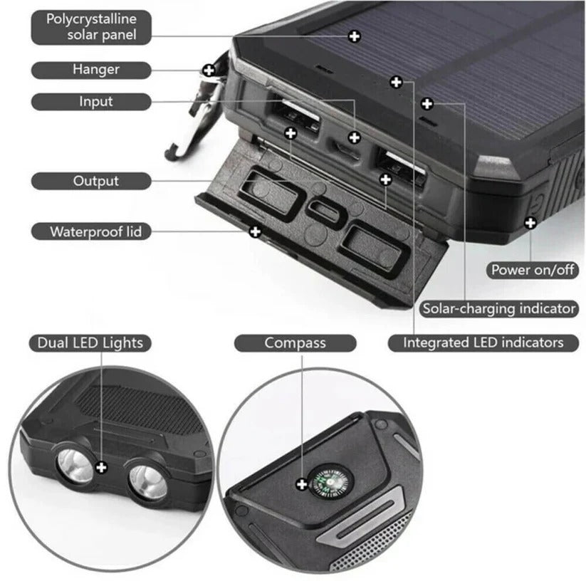 Solar Power Bank with Dual USB Charging and LED Flashlight, 500000mAh Capacity