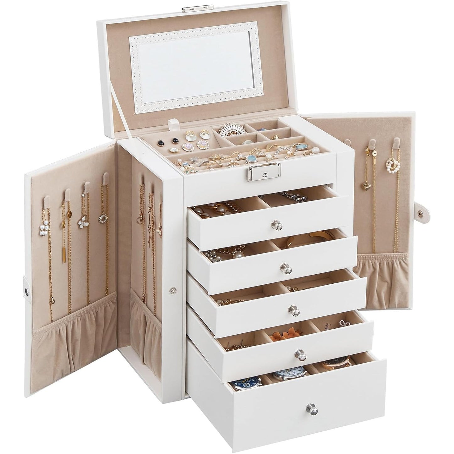 Large Jewelry Box Organizer 6 Tier, Lockable Jewelry Storage Case with Drawers Mirror