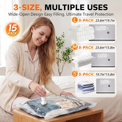 15 Pack Vacuum Storage Bags for Travel with Rechargeable Cordless Pump, Space Saver Compression Packing Bags for Luggage Combo Size