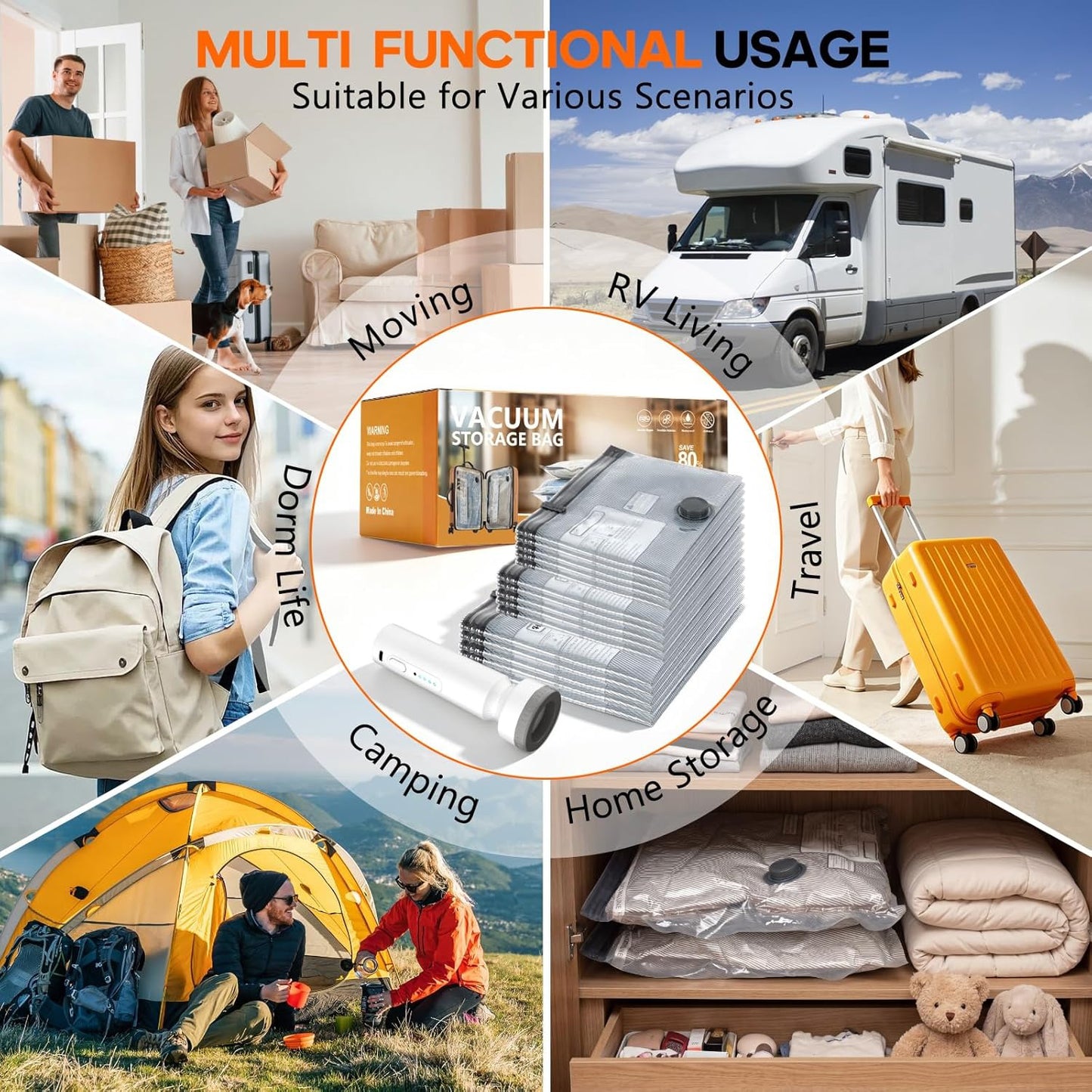 15 Pack Vacuum Storage Bags for Travel with Rechargeable Cordless Pump, Space Saver Compression Packing Bags for Luggage Combo Size