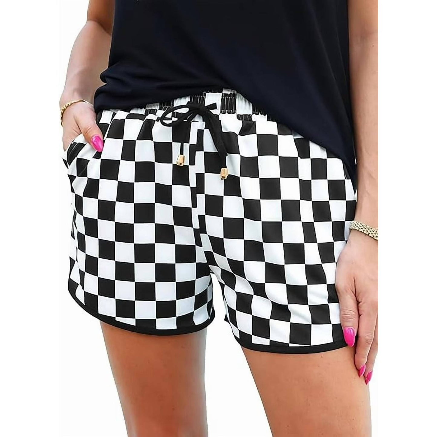 Women's Checkered Drawstring Casual Shorts, Elastic High Waist Comfy Lounge Shorts, Chic Summer Plaid Bottoms with Pockets for Everyday Wear