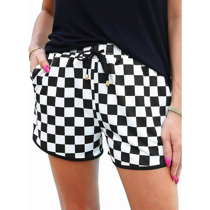 Women's Checkered Drawstring Casual Shorts, Elastic High Waist Comfy Lounge Shorts, Chic Summer Plaid Bottoms with Pockets for Everyday Wear