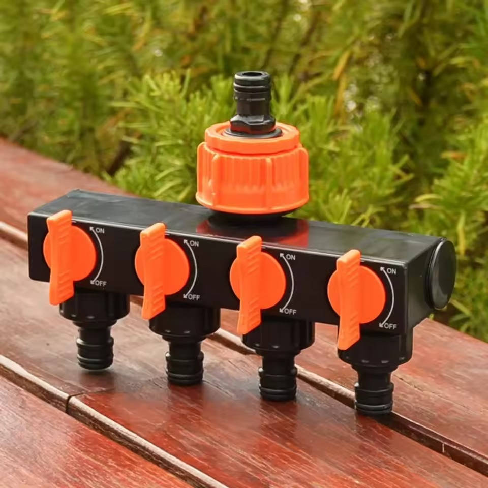 Four-Outlet Garden Hose Splitter with Individual Valve Controls and Quick-Connect Fittings