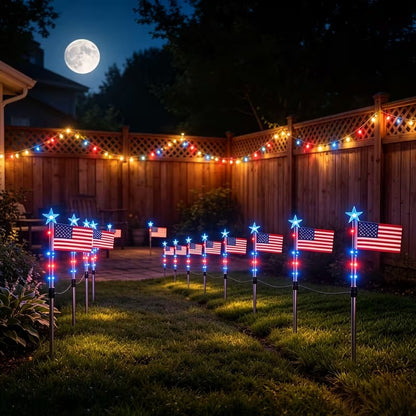 American Flag Pathway Lights 8 Pack, Patriotic Outdoor Decorations with 8 Lighting Modes