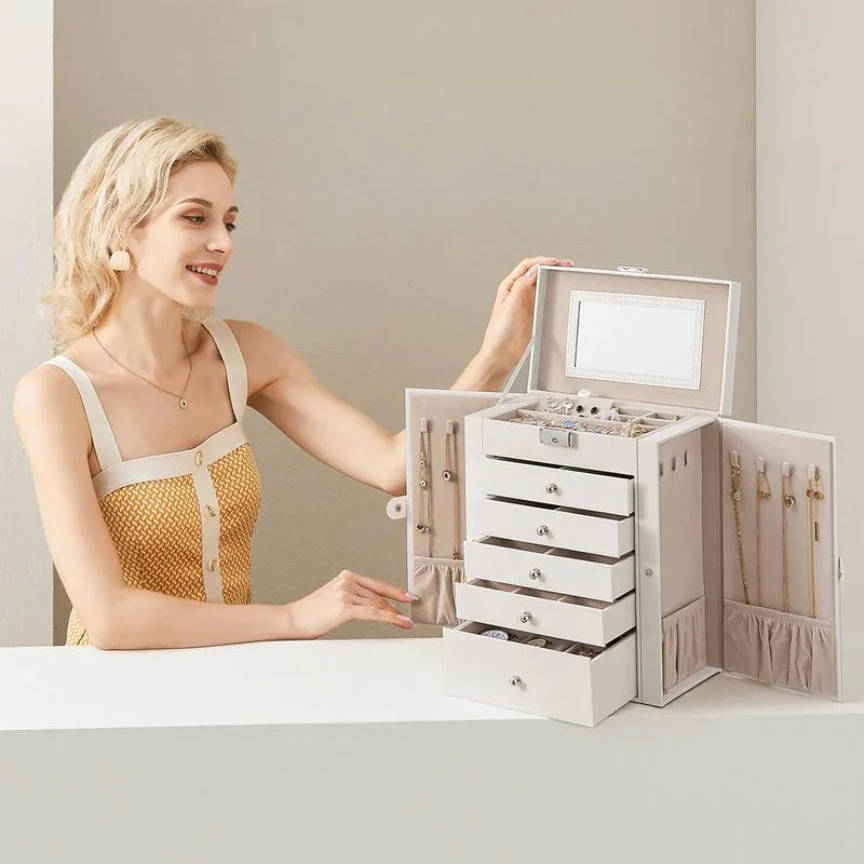 Large Jewelry Box Organizer 6 Tier, Lockable Jewelry Storage Case with Drawers Mirror