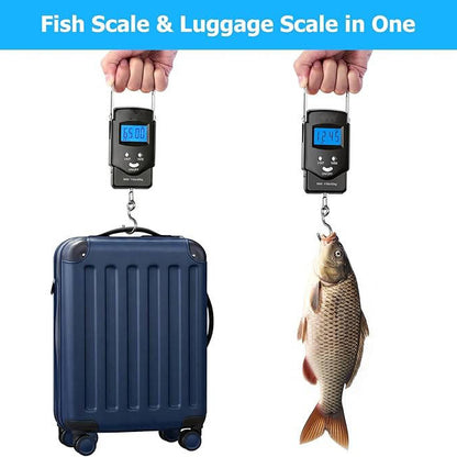 Digital fish scale and luggage scale with a fish and suitcase on a white background