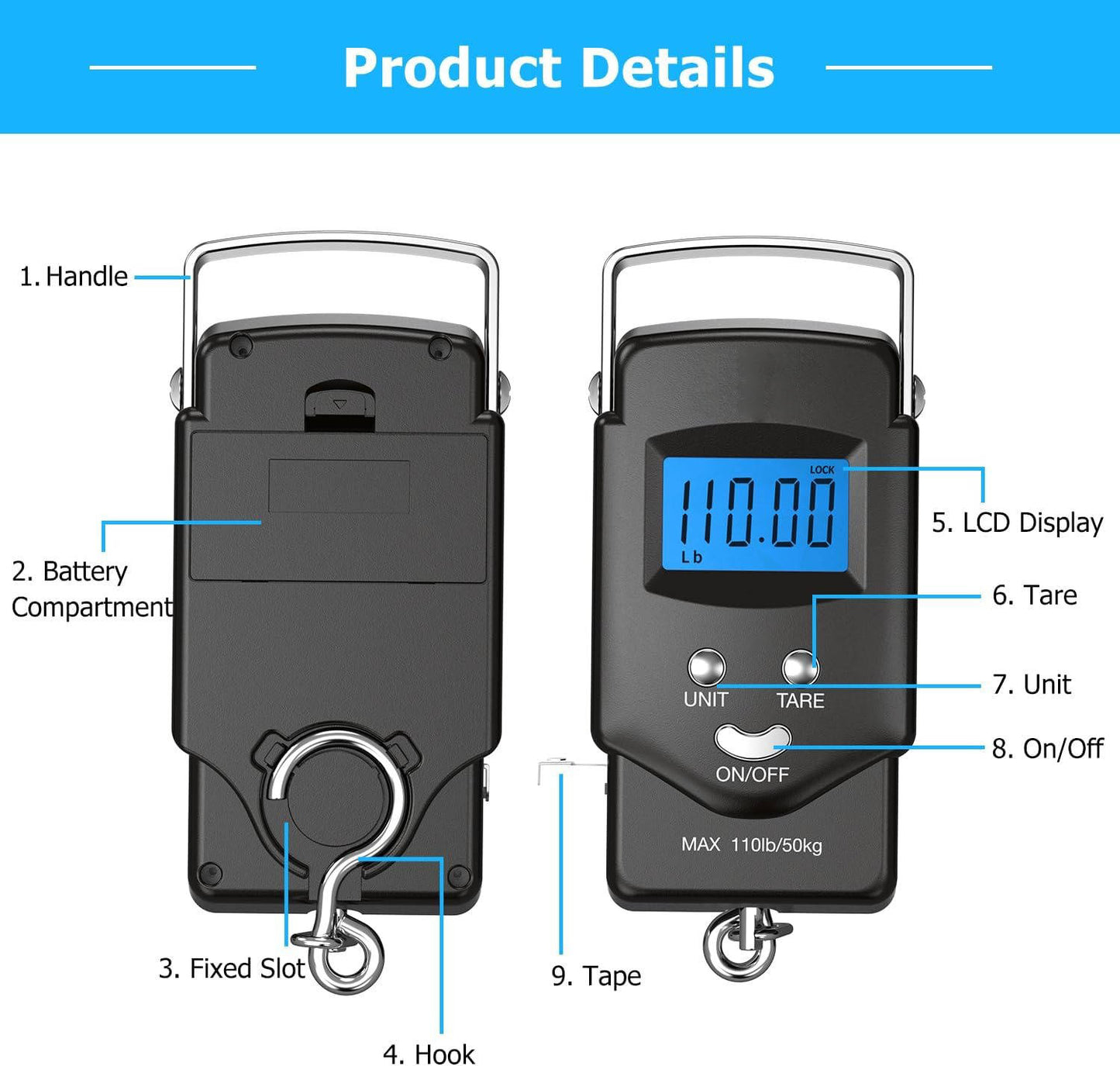 Digital Fish Scale 110lb, Portable Luggage Fishing Scale with LCD Display Measuring Tape