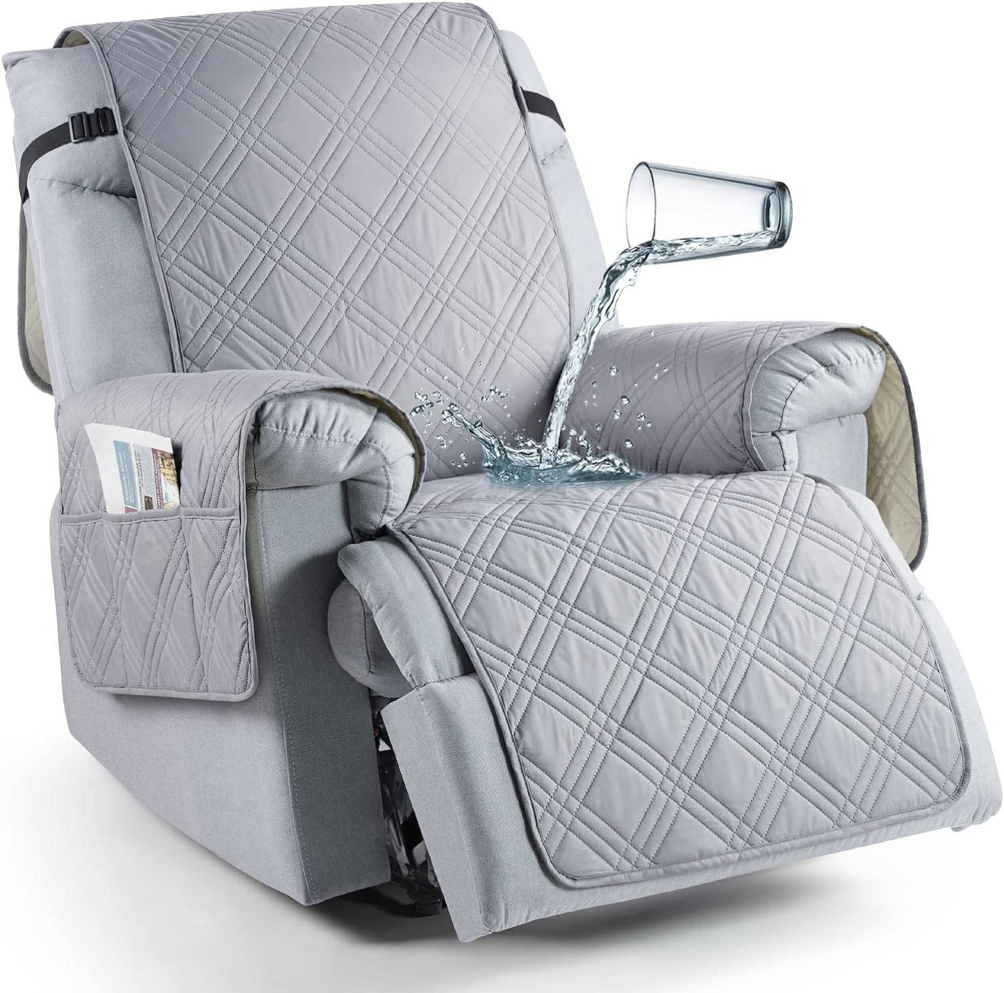 Recliner Seat Cover with Waterproof TPU Coating and Storage Pockets, Machine Washable