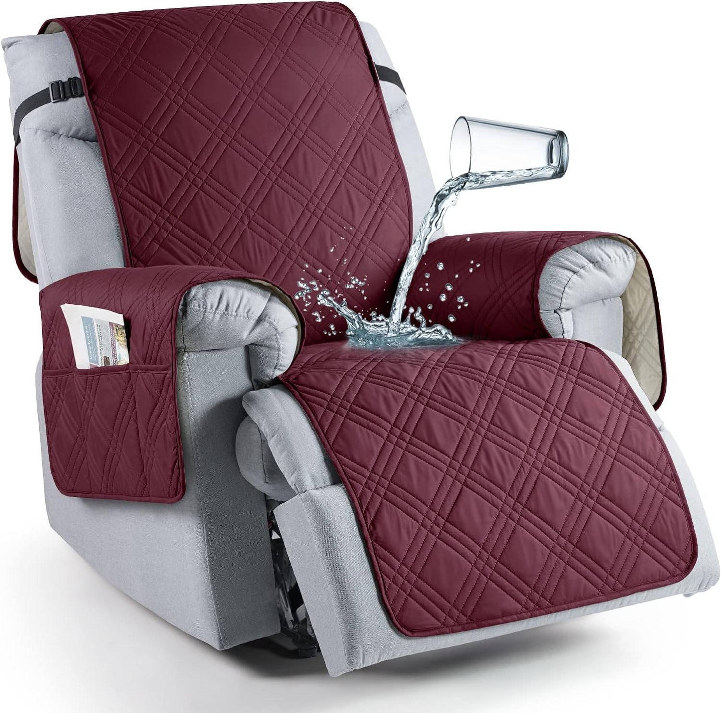 Recliner Seat Cover with Waterproof TPU Coating and Storage Pockets, Machine Washable
