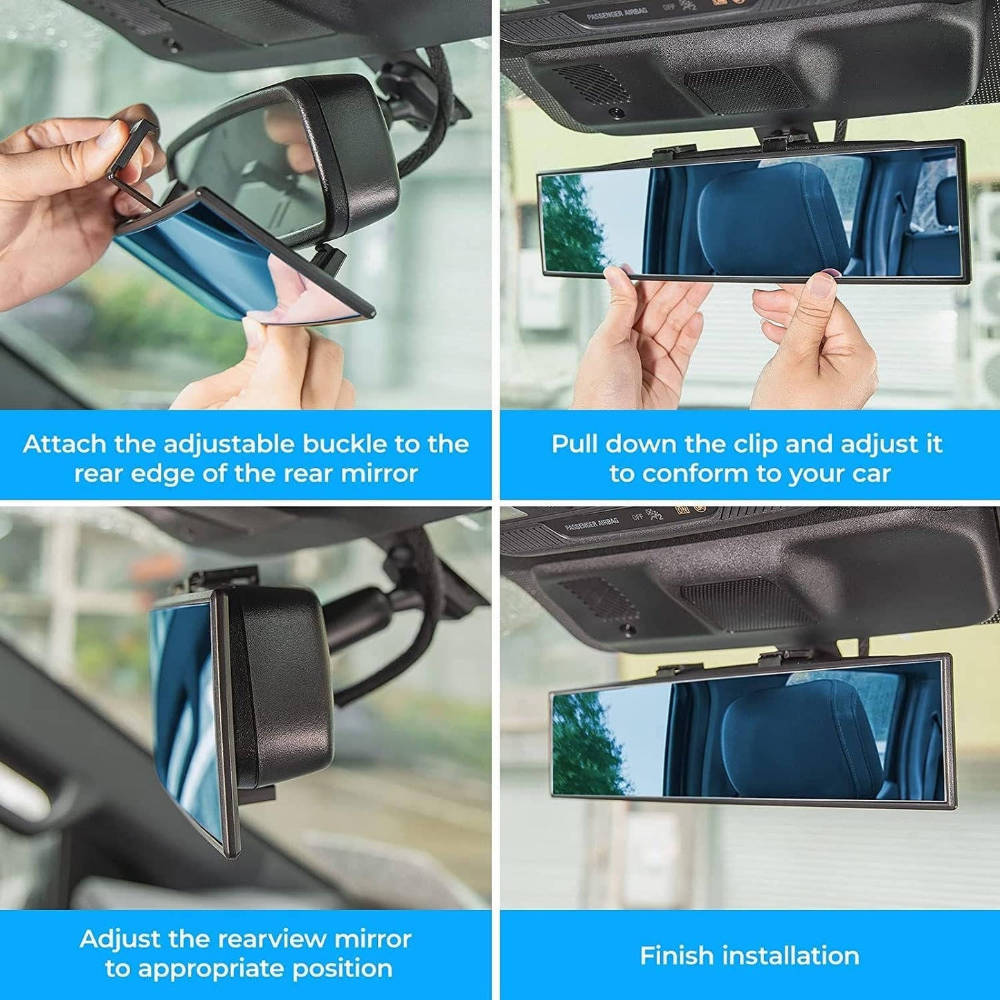 11.8 Inch Wide Angle Car Rear View Mirror, Universal Clip On Panoramic Interior Mirror, Blind Spot Reduction Convex Mirror for Cars, SUVs and Trucks