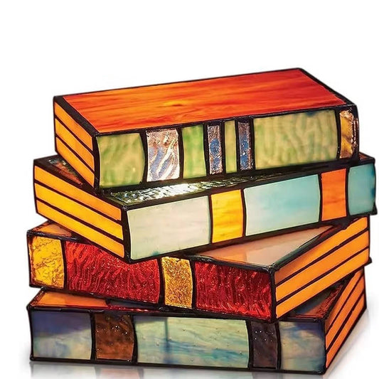 Stained Glass Book Lamp, Handcrafted Art Glass Desk Light, Vintage Bedside Table Nightlight & Decorative Accent Lighting for Home, Office & Library