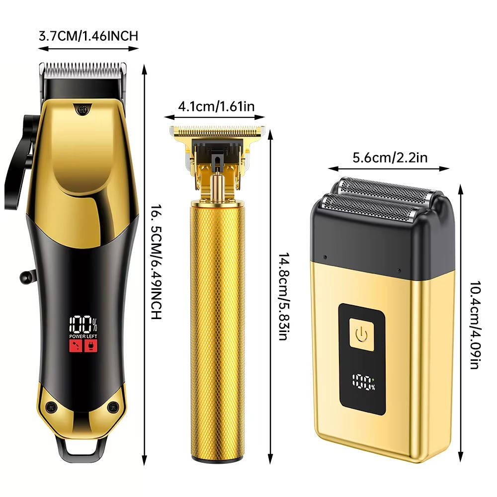 Gold Hair Clipper Trimmer Kit for Men, 3 Piece USB Rechargeable Barber Set