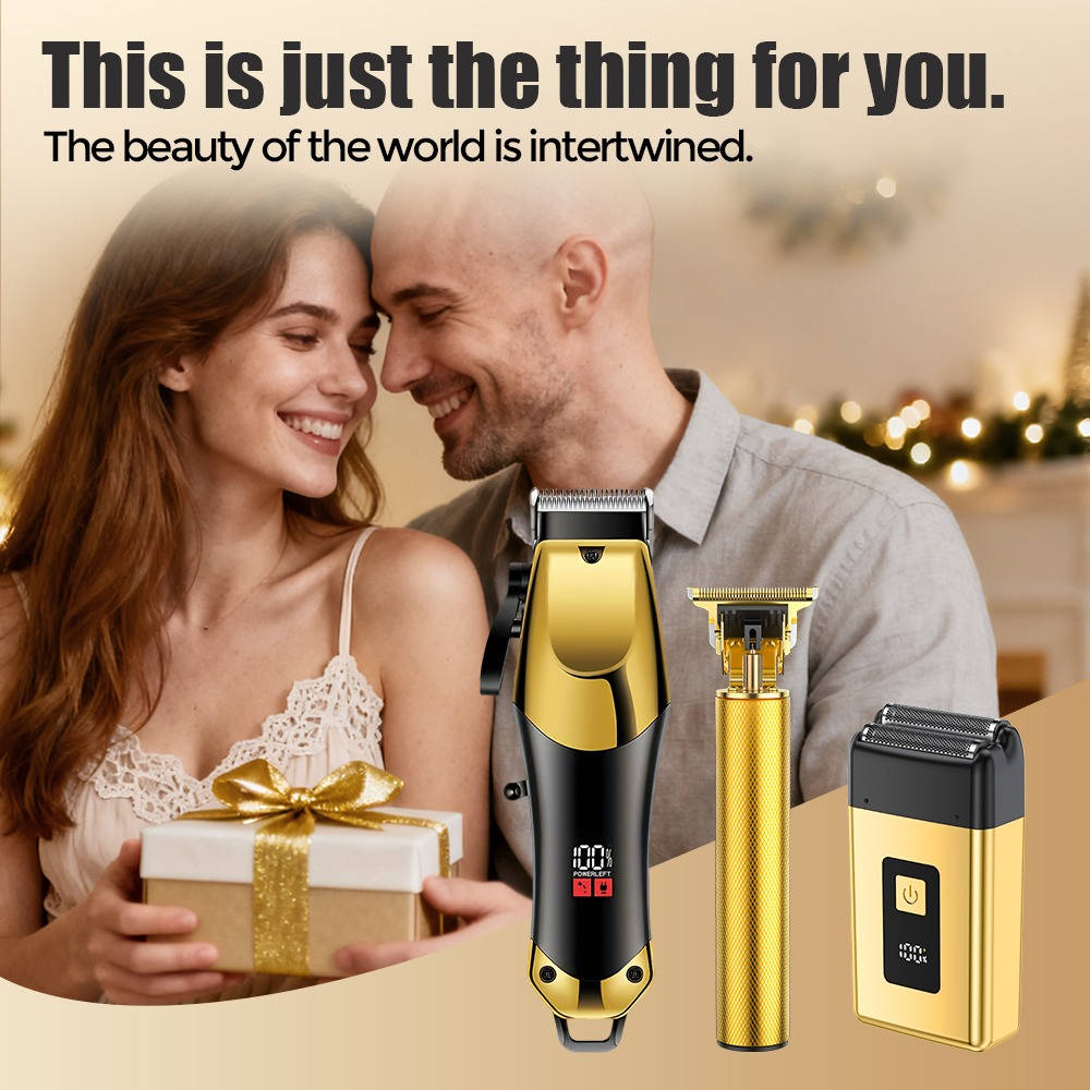 Gold Hair Clipper Trimmer Kit for Men, 3 Piece USB Rechargeable Barber Set