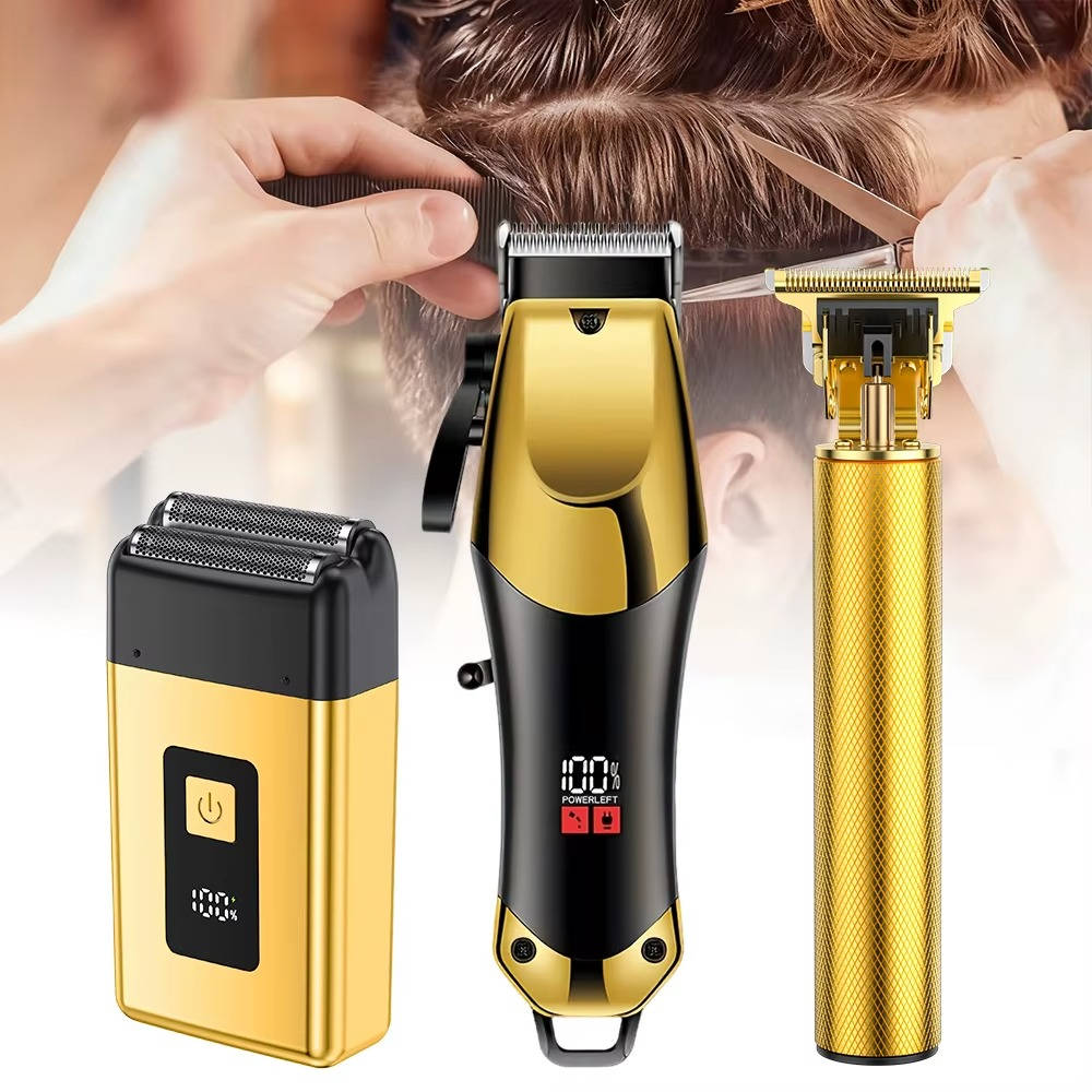 Gold Hair Clipper Trimmer Kit for Men, 3 Piece USB Rechargeable Barber Set