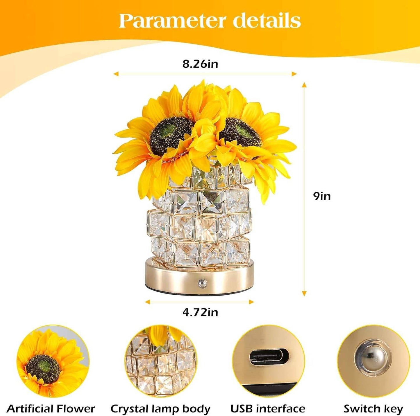 Sunflower LED Touch Lamp Rechargeable, Cordless Dimmable Night Light