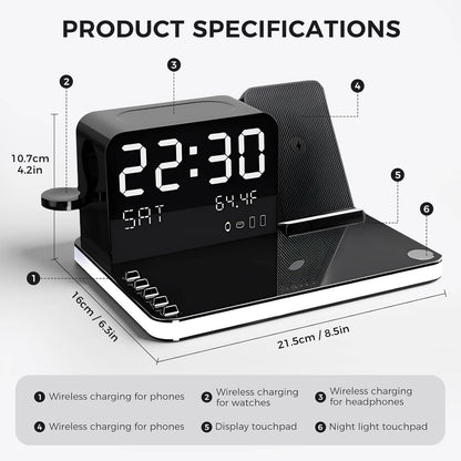 7 In 1 Wireless Charging Station with LED Clock and Night Light