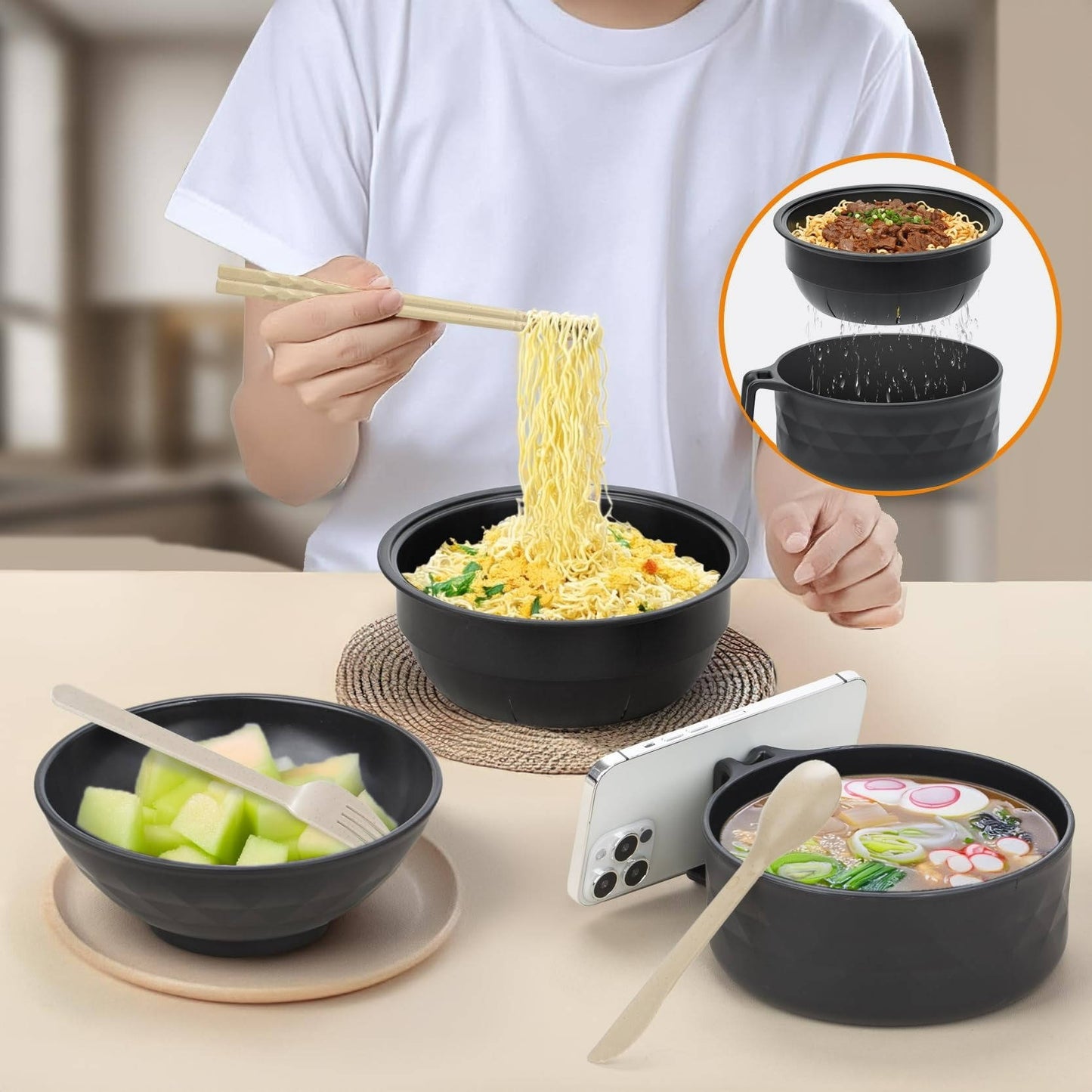6 Piece Microwave Ramen Noodle Cooker Bowl Set with Lid, Portable Microwaveable Dorm Room & College Essentials Tableware