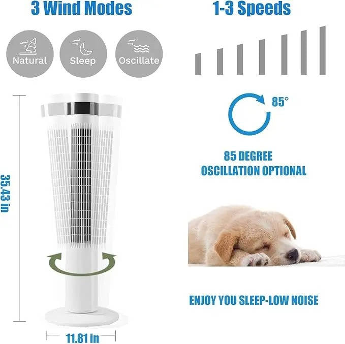Bladeless Tower Fan with Remote Control and 85-Degree Oscillation, 12-Hour Timer
