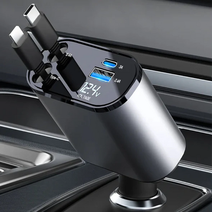 Retractable Car Charger with Dual Cables and Four Charging Ports