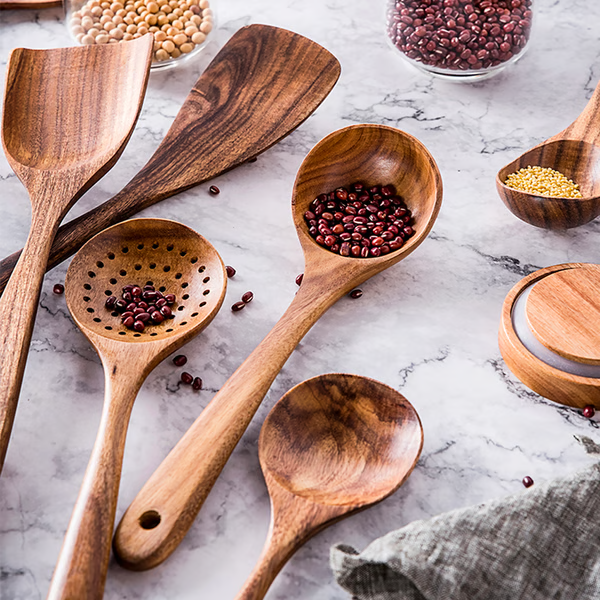Teak Wood Cooking Utensils Set with Heat-Resistant Handle and Non-Stick Cookware Safe, 8-Piece Handcrafted